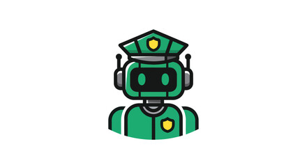 Green robot officer wearing hat and badge
