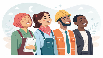Fototapeta premium Diverse group of workers smiling and looking up representing different professions and backgrounds together
