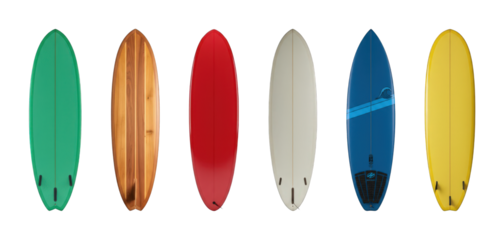 Surfboard set including colorful, wooden, and various fin configurations isolated. Water sports equipment collection.