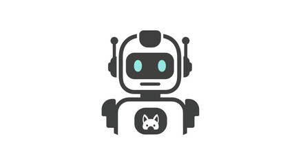 Simple graphic of a friendly robot, white and gray, with a cat icon