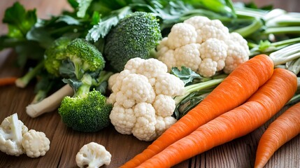 Assortment of Fresh Vegetables on Wooden Surface carrots