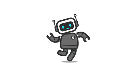 A grey cartoon robot prances happily