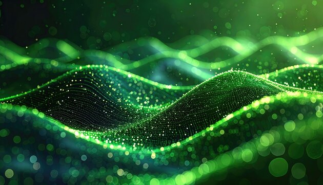 Abstract Green Wave Background with Glowing Particles