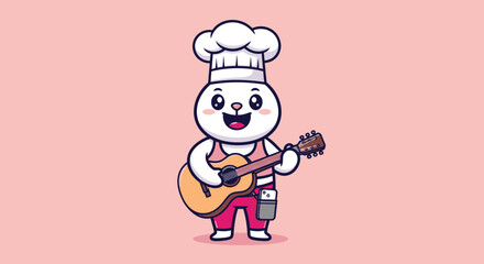 Cartoon bunny chef cheerfully playing guitar on a pink background