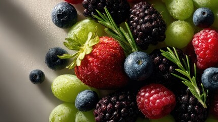 Fototapeta premium Assortment of Fresh Summer Berries with Water Droplets and Rosemary Sprigs