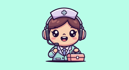 Cartoon nurse with headset and medical bag against a light blue background