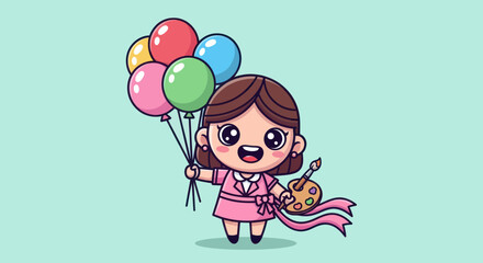Cartoon girl in pink with balloons and art palette on light-blue background
