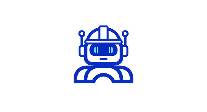 Minimalist blue robot icon with a blocky head and rounded body on white