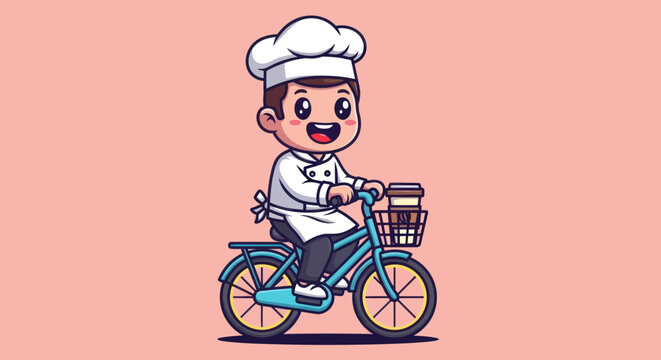 Cheerful cartoon chef delivers with coffee on a bike