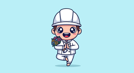 Cartoon builder with flowers standing