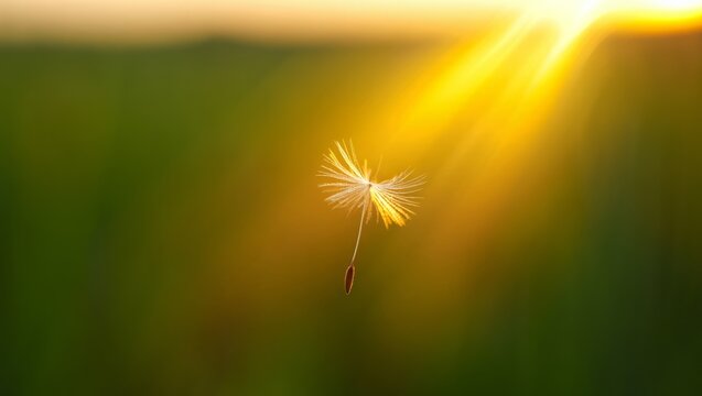 Extreme close-up of a single dandelion seed floating in the air, backlit by warm golden sunset light over a blurred green field
 - Powered by Adobe