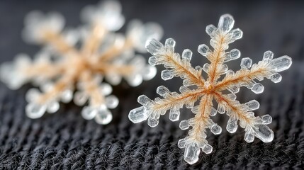 Macro shot of crystal snowflake on dark wool fabric, elegant winter texture with luxury frozen detail