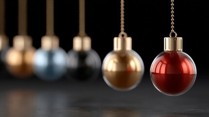 Elegant metallic Christmas ornaments in red, gold, blue and black tones on dark background, modern holiday concept