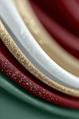 Close-up of glitter textile layers in red, gold, white and green tones, festive minimal abstract background