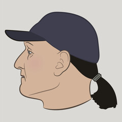 Head in profile of a Caucasian man with ponytail wearing baseball cap. Male portrait. Cartoon style.