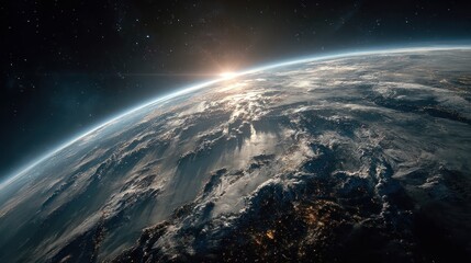 Spectacular sunrise over Earth from orbit, revealing glowing city lights