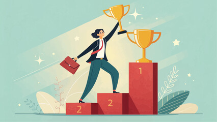 A woman in a suit holding a trophy stands on a podium with two trophies and a briefcase in hand