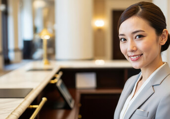 アジア人のレセプショニスト。笑顔の若い日本人受付係が大理石のカウンターに立つ、現代的な五つ星ホテル。親切で可愛らしいコンシェルジュ。コピー・スペース付きのバナー。