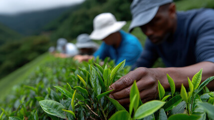 A detailed view of workers picking tea leaves amidst a serene and vibrant landscape, showcasing connection to nature and the art of traditional agricultural practices.
