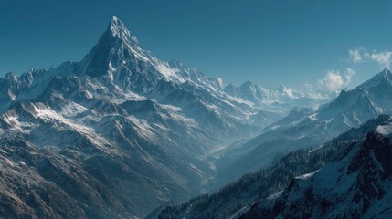 Fototapeta premium Majestic Snow-Capped Peaks piercing the Sky, an expansive panorama of glacial Terrain