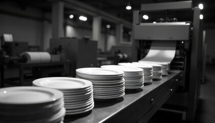 Black and white medium shot of stacked white ceramic plates moving along an automated conveyor belt in a factory production line
