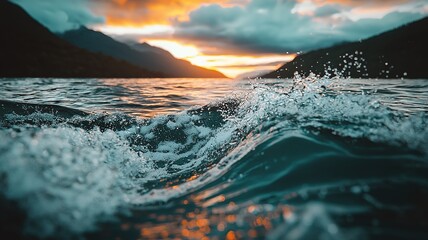 3D hyper-realistic mountain close-up with sharp edges, dark blue sky and sunset on water
