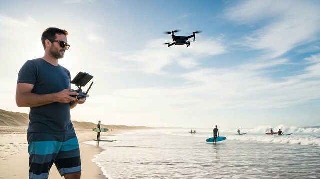 Operating Drone on Beach with Ocean Waves and Surfers Flying Aerial View - Powered by Adobe