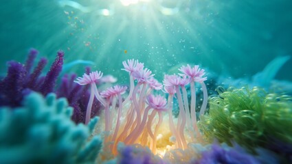 Close-up of a fantastical underwater coral reef with glowing pink sea anemones under soft sunbeam lighting in turquoise water

