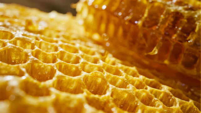 Close-up of honeycomb with golden honey filling the cells