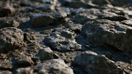 Close-up view of rough, weathered rocks on a natural surface