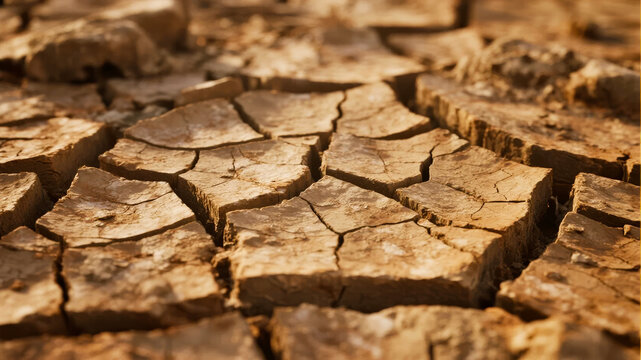 Dry, cracked earth surface showing signs of severe drought and soil desiccation - Powered by Adobe