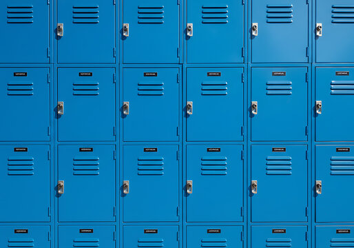A close-up view of a grid of bright blue school lockers with closed doors.