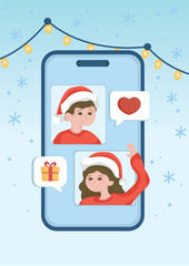 Online Christmas Greeting - Video Call on Smartphone with Holiday Spirit.eps