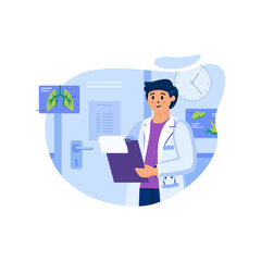 Doctor in white coat holding clipboard with lung x-ray in background with clock and medical charts showing healthcare professional in clinic examination room light blue color palette