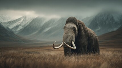 Majestic Woolly Mammoth in a Timeless Arctic Landscape Under Cloudy Skies