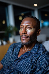 Fototapeta premium A smiling man with facial patches captures a moment of joy and self-indulgence; it highlights the importance of skincare and personal confidence enhancing routines.
