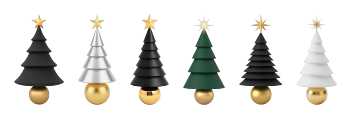 Stylized Christmas tree set including black, silver, green, and white colors with gold accents isolated. Holiday festive decoration collection.