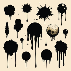 Black Ink Splatters and Drips Abstract Shapes blob