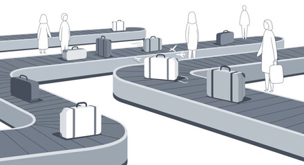 Fototapeta premium Airport baggage claim featuring stylized people and luggage on conveyor belts