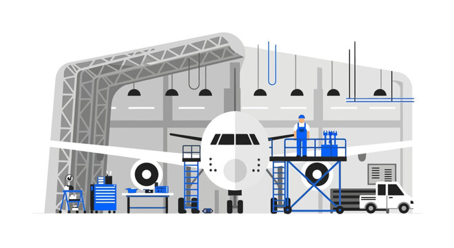 Aircraft Maintenance in Hangar Illustrated with Airplane and Staff Repairing