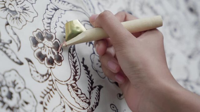 Close-up of a woman&rsquo;s hand drawing intricate batik patterns on cloth with traditional wax tool, showcasing detailed craftsmanship and cultural artistry
