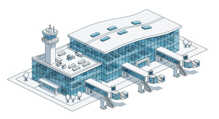 Isometric airport terminal design featuring modern architectural style