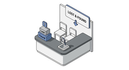 Isometric illustration of a lost and found counter with simple design