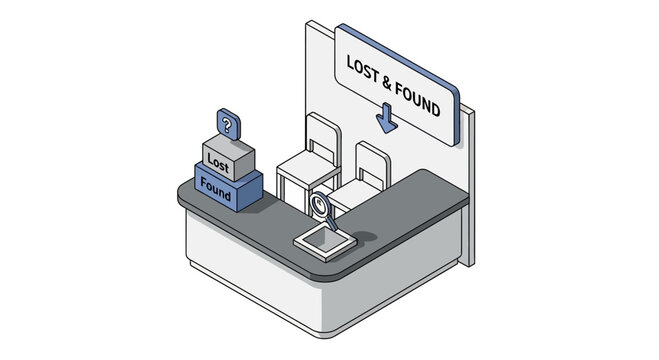 Isometric illustration of a lost and found counter with simple design