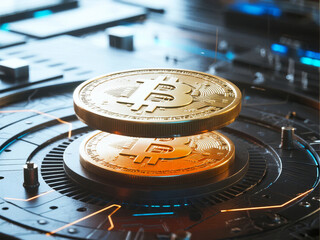 Golden Bitcoin coins levitating above a high-tech circular platform with glowing circuit lines and digital elements.