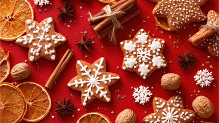 Fototapeta premium Festive Christmas Gingerbread Cookies, Dried Orange Slices, Cinnamon Sticks, and Star Anise Holiday Flat Lay Composition