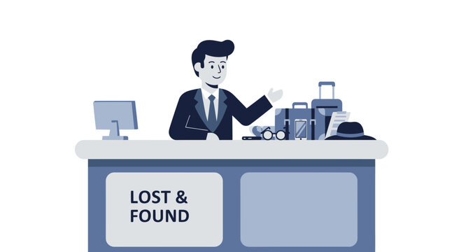 Man at Lost and Found counter with unclaimed luggage illustration