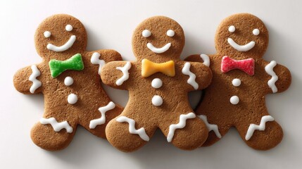 Three Cheerful Gingerbread Men Cookies with Bow Ties on a White Background, Festive Holiday Treat