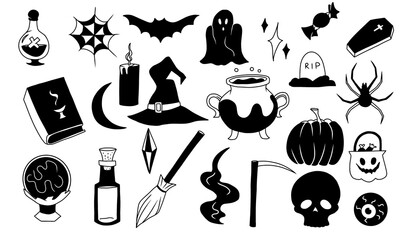 Halloween hand drawn set of blacl silhouettes, black icons on tranparent background 
