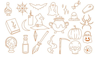  Halloween hand drawn doodle set with orange outline. Raster cartoon holiday illustration collection with bat, skull, pumpkin, eye, candies, hat, moon, potion, ghost